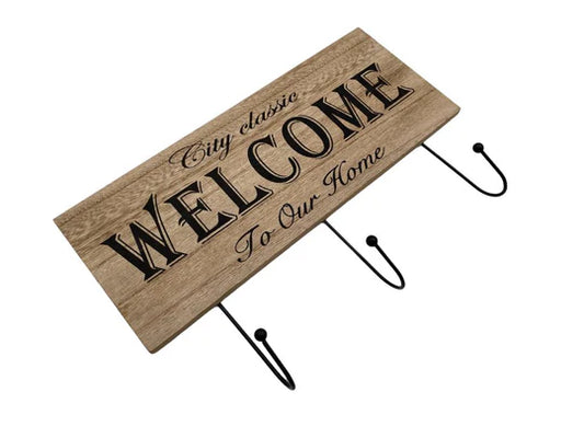 Wooden "Welcome" Wall Hanger 3 Hooks