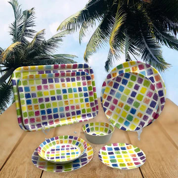 Colorful Squares Melamine Dinner Plates X6
